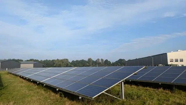 Solar panels in a Ratzeburg field, capturing renewable energy on a clear day.